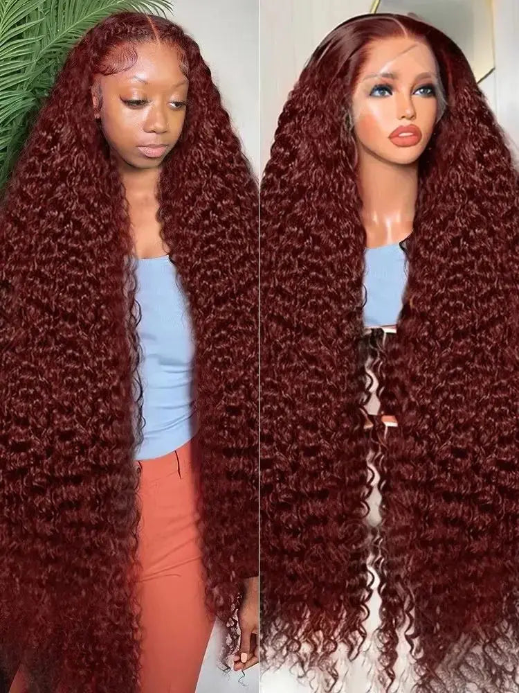 Reddish Brown HD Lace Frontal Human Hair Wig 250 Density Colored Curly Wigs 13x6 Transparent Lace Water Deep Wave Frontal Wig