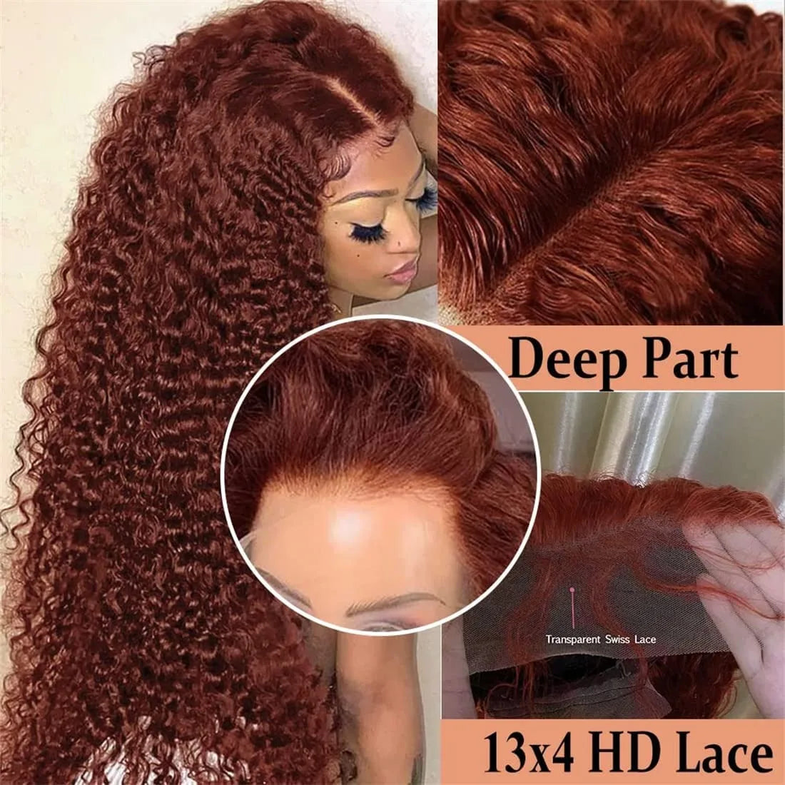 Reddish Brown HD Lace Frontal Human Hair Wig 250 Density Colored Curly Wigs 13x6 Transparent Lace Water Deep Wave Frontal Wig