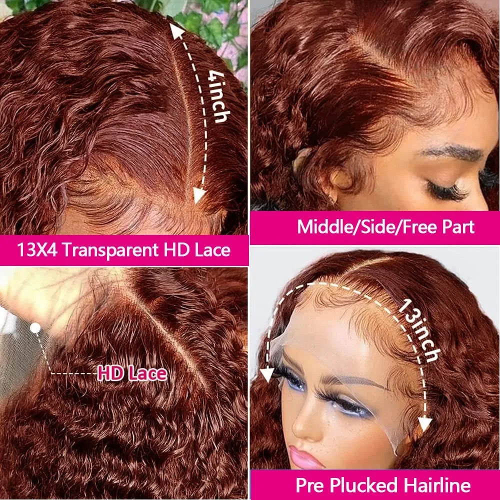 Reddish Brown HD Lace Frontal Human Hair Wig 250 Density Colored Curly Wigs 13x6 Transparent Lace Water Deep Wave Frontal Wig