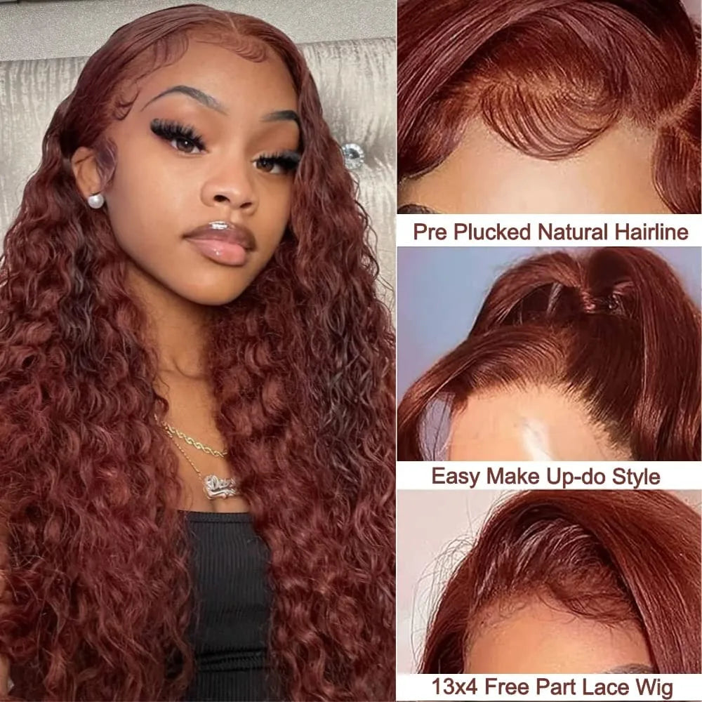 Reddish Brown HD Lace Frontal Human Hair Wig 250 Density Colored Curly Wigs 13x6 Transparent Lace Water Deep Wave Frontal Wig