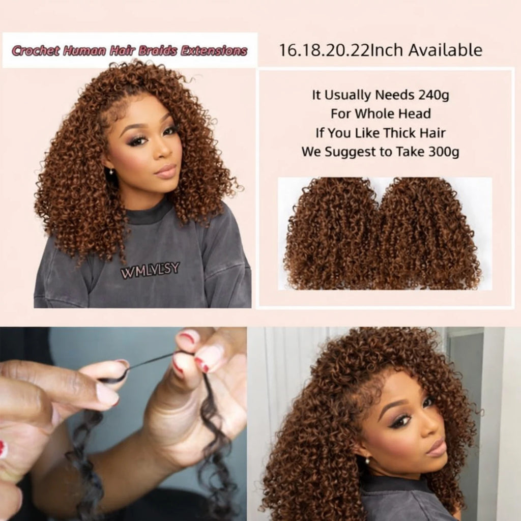 Brown Kinky Curly Crochet Hair PreSeparated Burmese Curly Feather Crochet Human Hair Extensions Seamless Invisible For Braiding