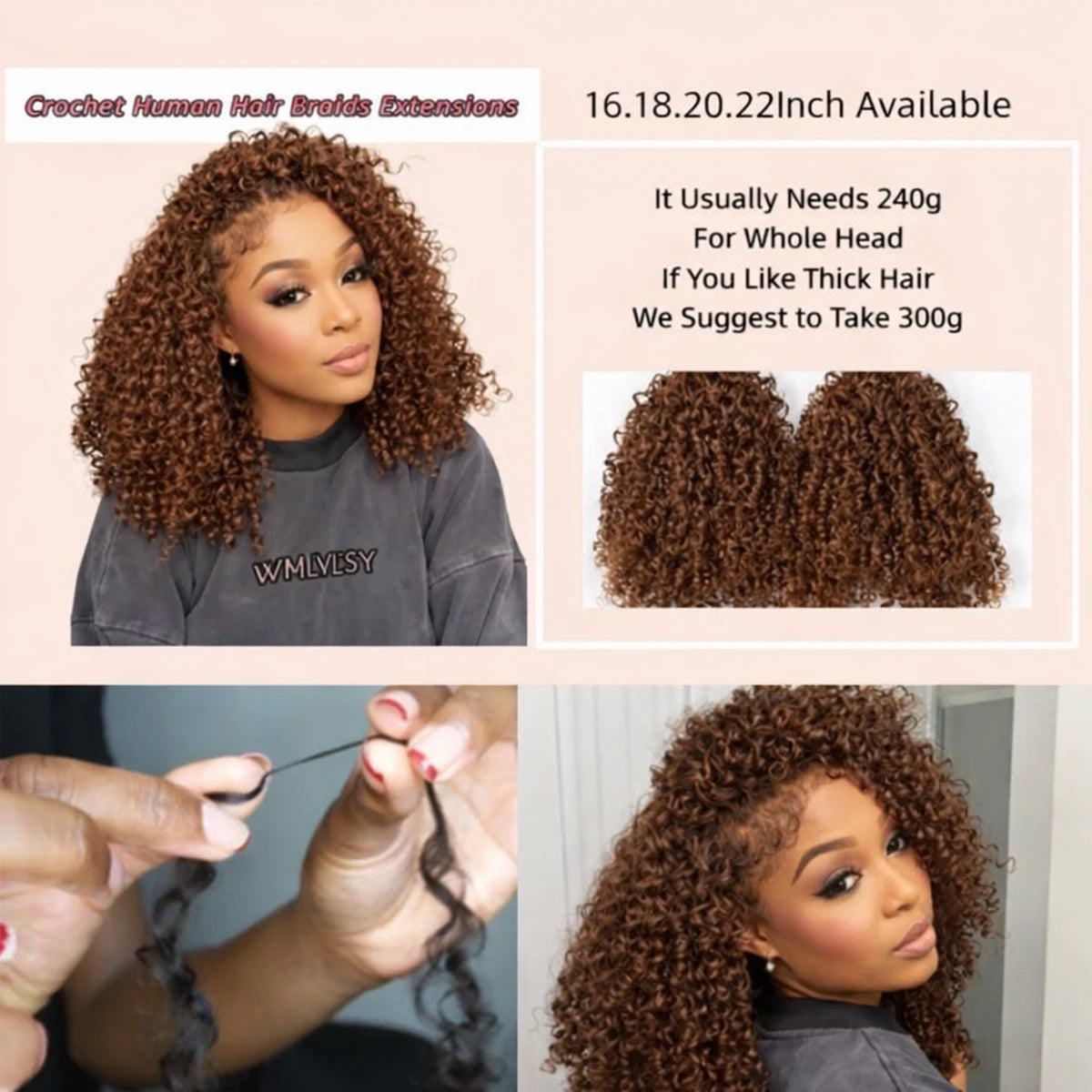 Brown Kinky Curly Crochet Hair PreSeparated Burmese Curly Feather Crochet Human Hair Extensions Seamless Invisible For Braiding