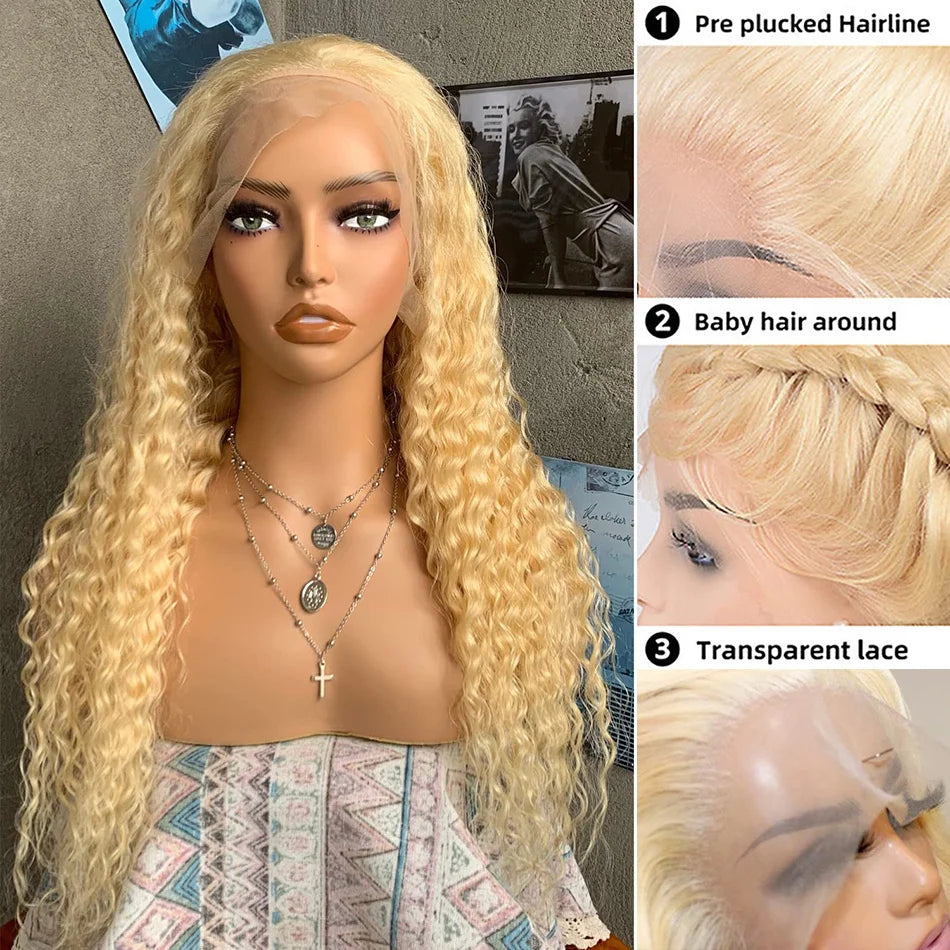 613 Hd Lace Frontal Wig 13X6 Blonde Curly Water Deep Wave Frontal Wig 13X4 Hd Lace Front Pre Plucked Human Hair Wigs 30 38 Inch